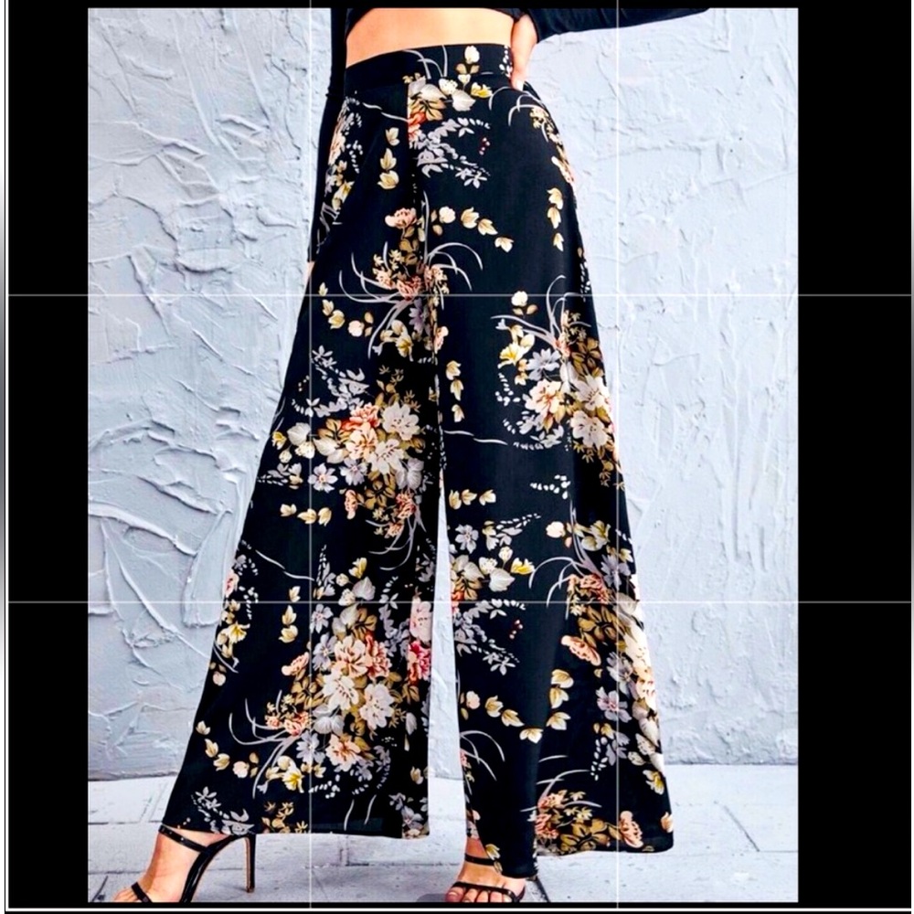 Floral Black Wide-Leg Women's Pants, Size Large, Tall
